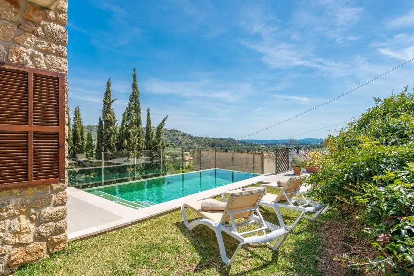 An outdoor swimming pool beside a grassy terrace with lounge seating and greenery.