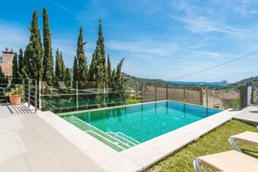 An outdoor swimming pool with pale stone paving and tall trees nearby.