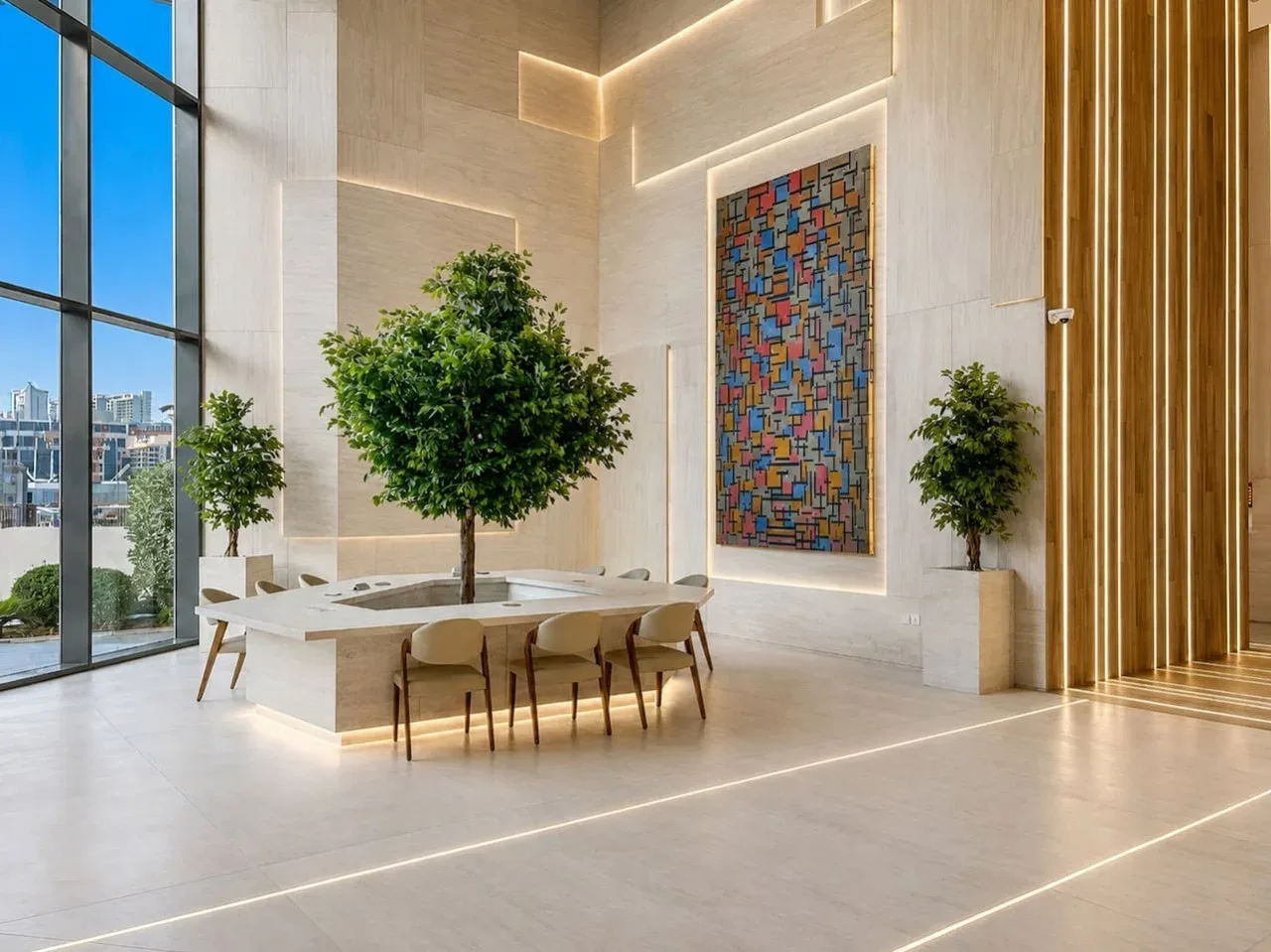 A bright lobby features a communal table, indoor trees, and colorful wall art.