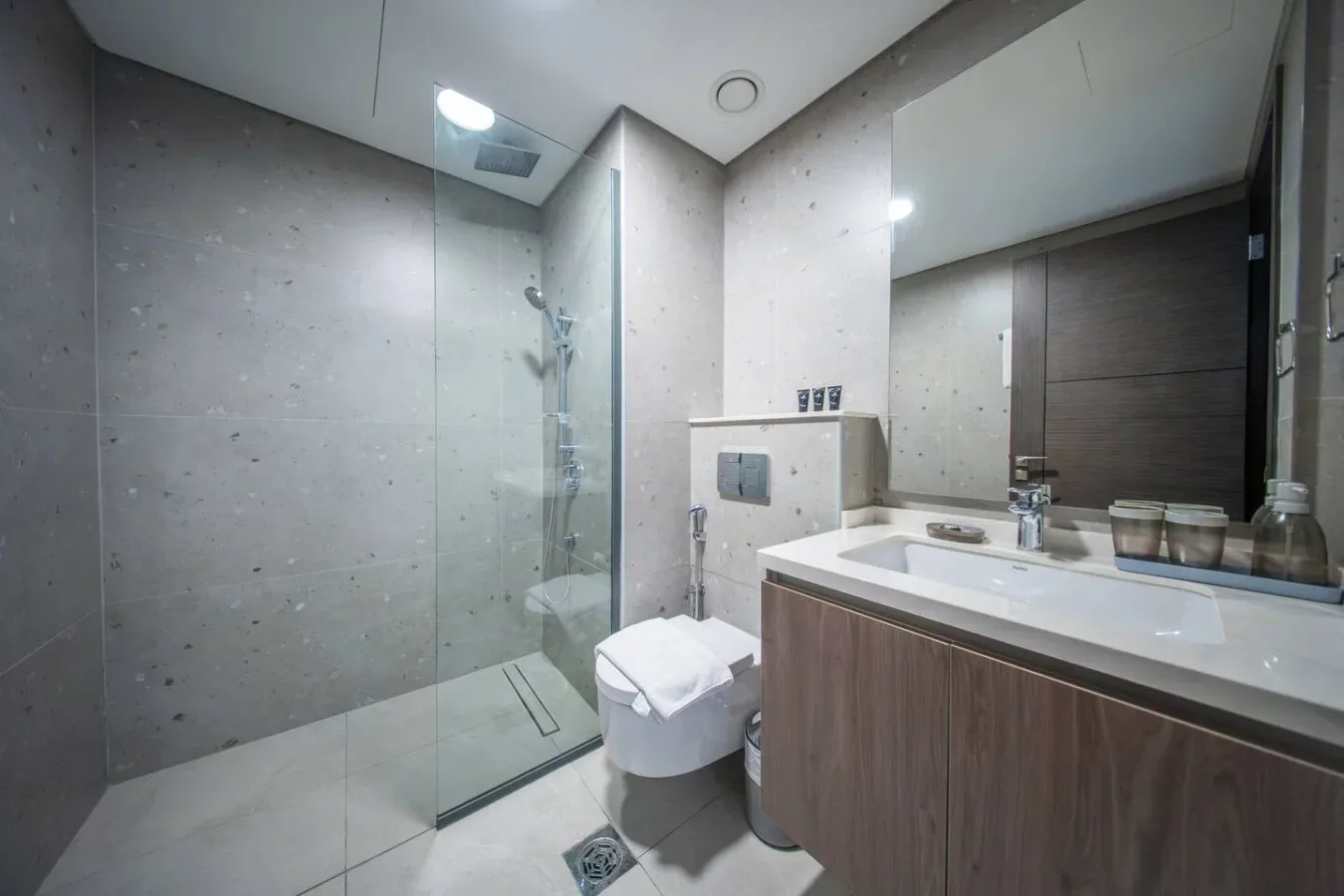 A modern bathroom with a glass shower and a vanity.