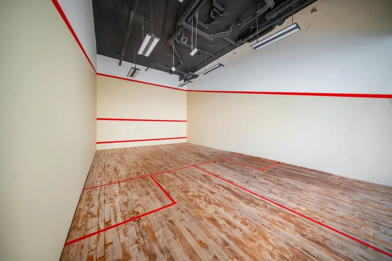 An indoor court with red boundary lines across a wood-patterned floor.