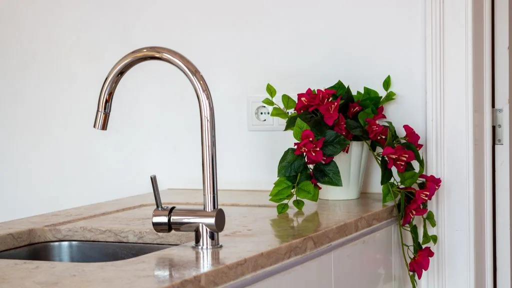 Un fregadero de cocina y un grifo curvo junto a una planta con flores.