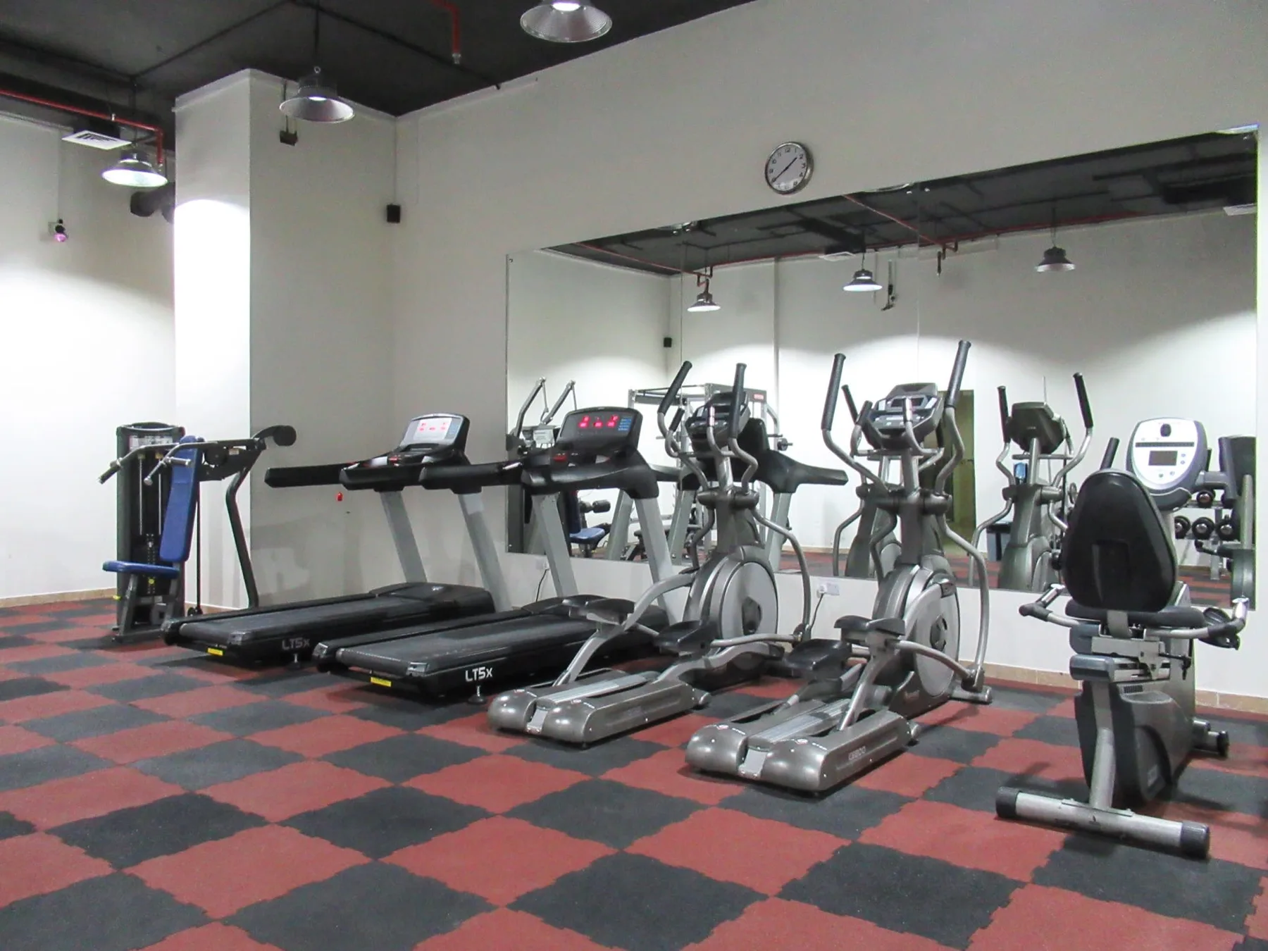 A gym with treadmills and stationary exercise machines in front of a wall mirror.