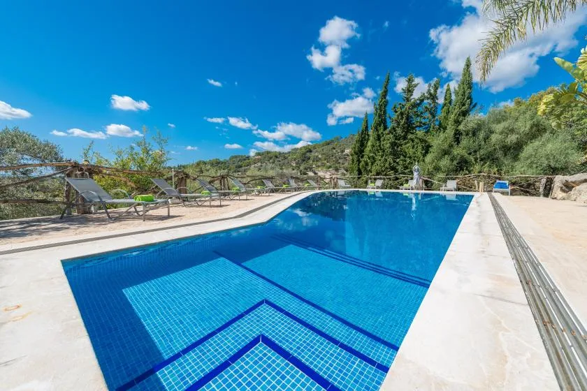 An outdoor swimming pool with blue tiled steps and a paved deck.
