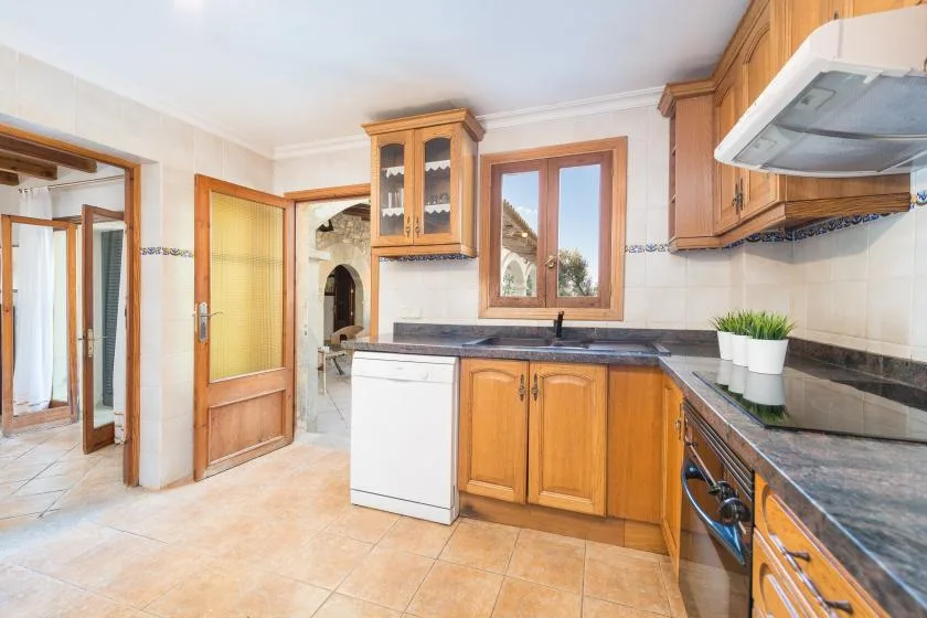A kitchen with wooden cabinets, a countertop, and a window.