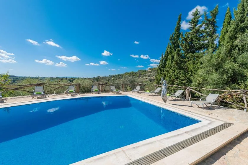 An outdoor swimming pool overlooks a wooded landscape beneath a clear blue sky.