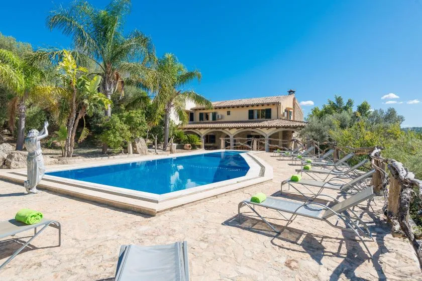 Una piscina al aire libre junto a un patio pavimentado con asientos y palmeras.