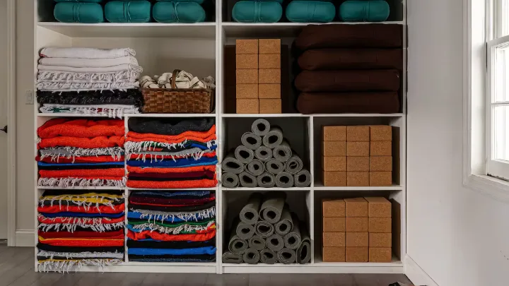 An organized linen storage area with folded towels, blankets, and rolled linens.