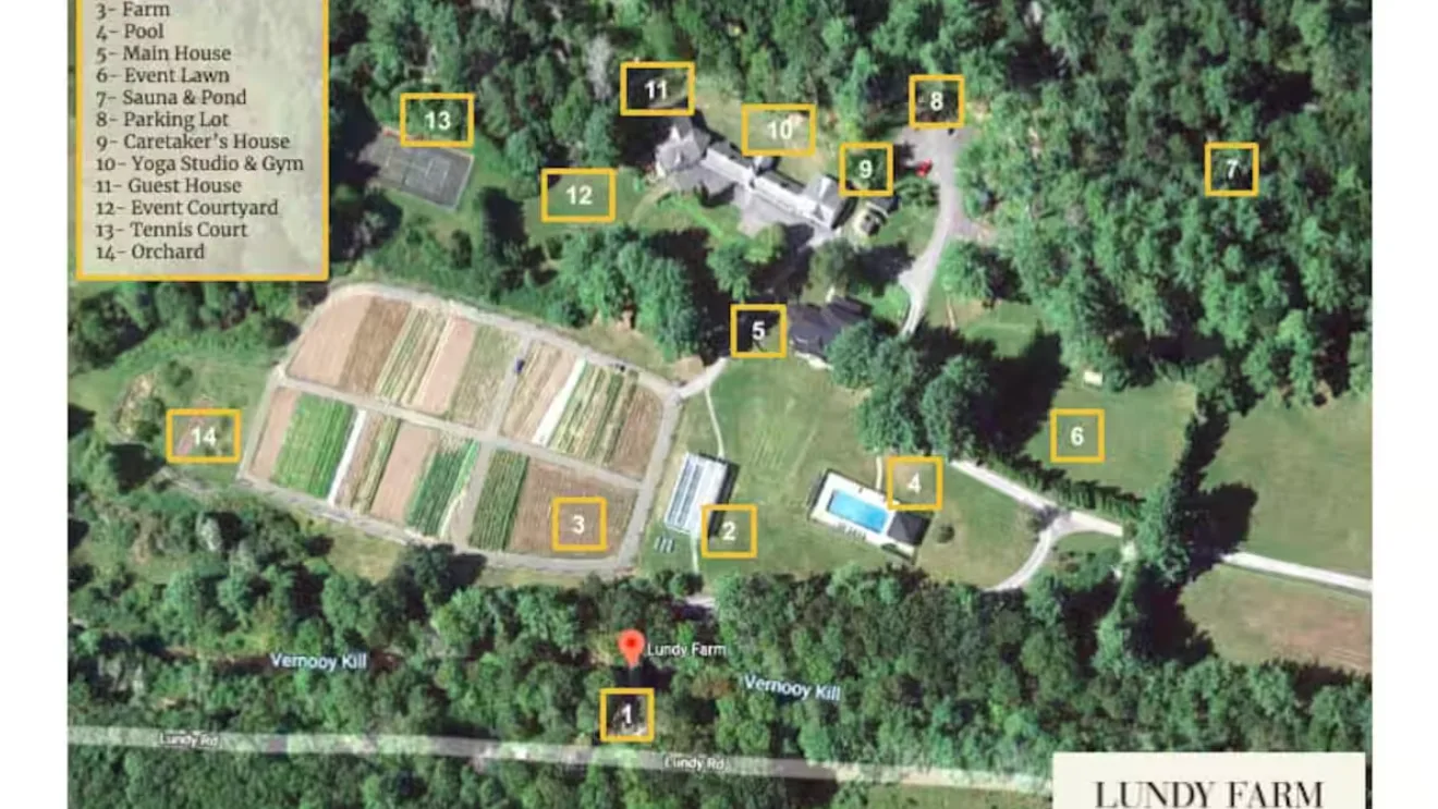 An aerial site map shows farm buildings, garden plots, and surrounding woodland.