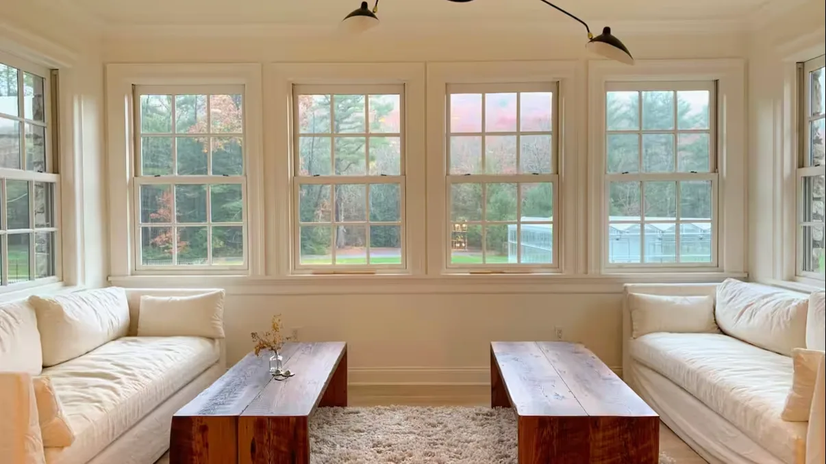 A bright sunroom with seating and large windows overlooking greenery.