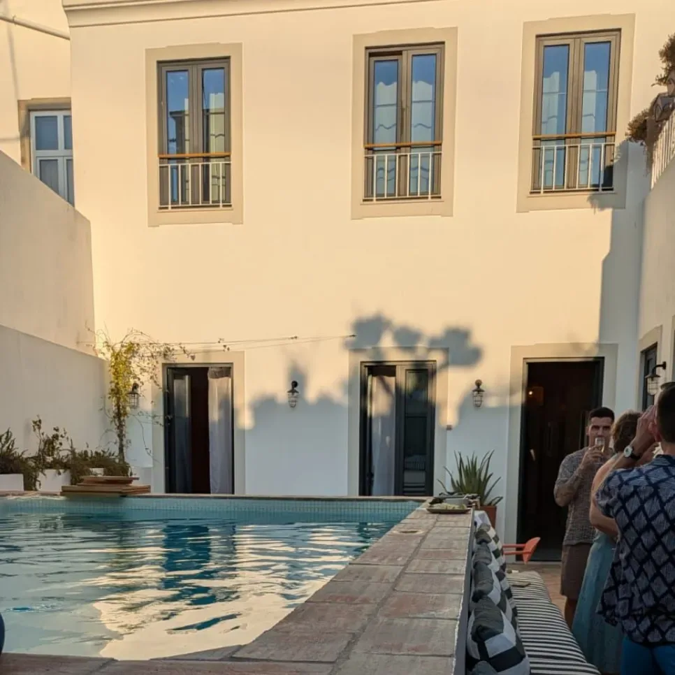 The courtyard pool and hotel building.