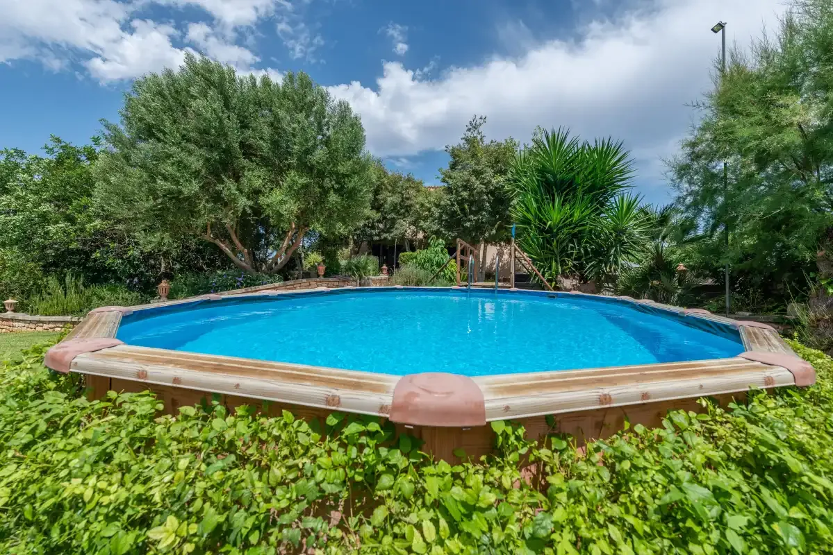 Una piscina al aire libre está rodeada de vegetación y árboles.