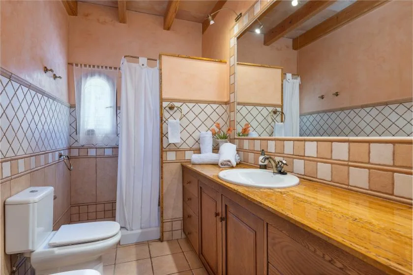 Un baño con un largo mueble de madera, un lavabo y una ducha con cortina.