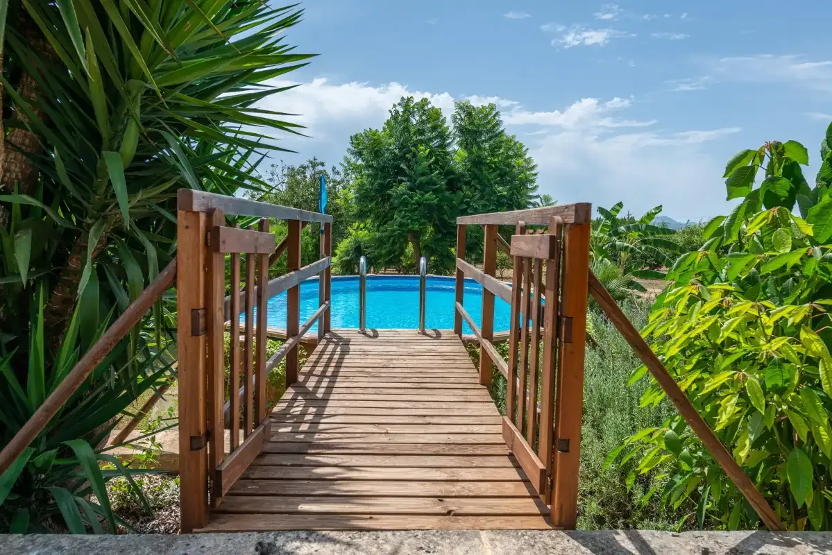 Una pasarela de madera conduce a una piscina rodeada de vegetación.