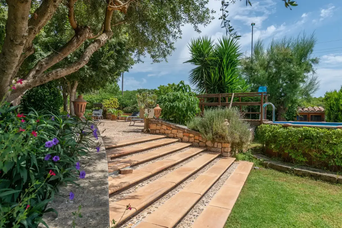 Un patio ajardinado con amplios escalones de piedra, vegetación y asientos al aire libre.