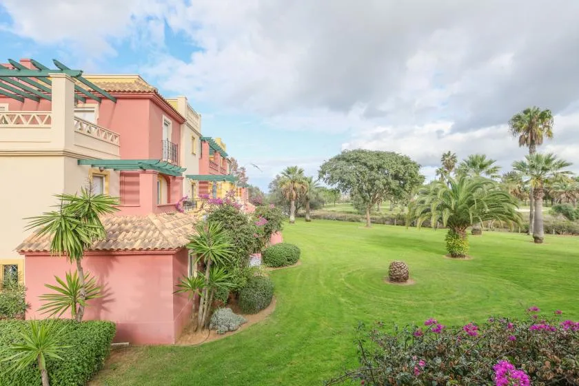 A landscaped garden lawn with palm trees and colorful flowering shrubs.