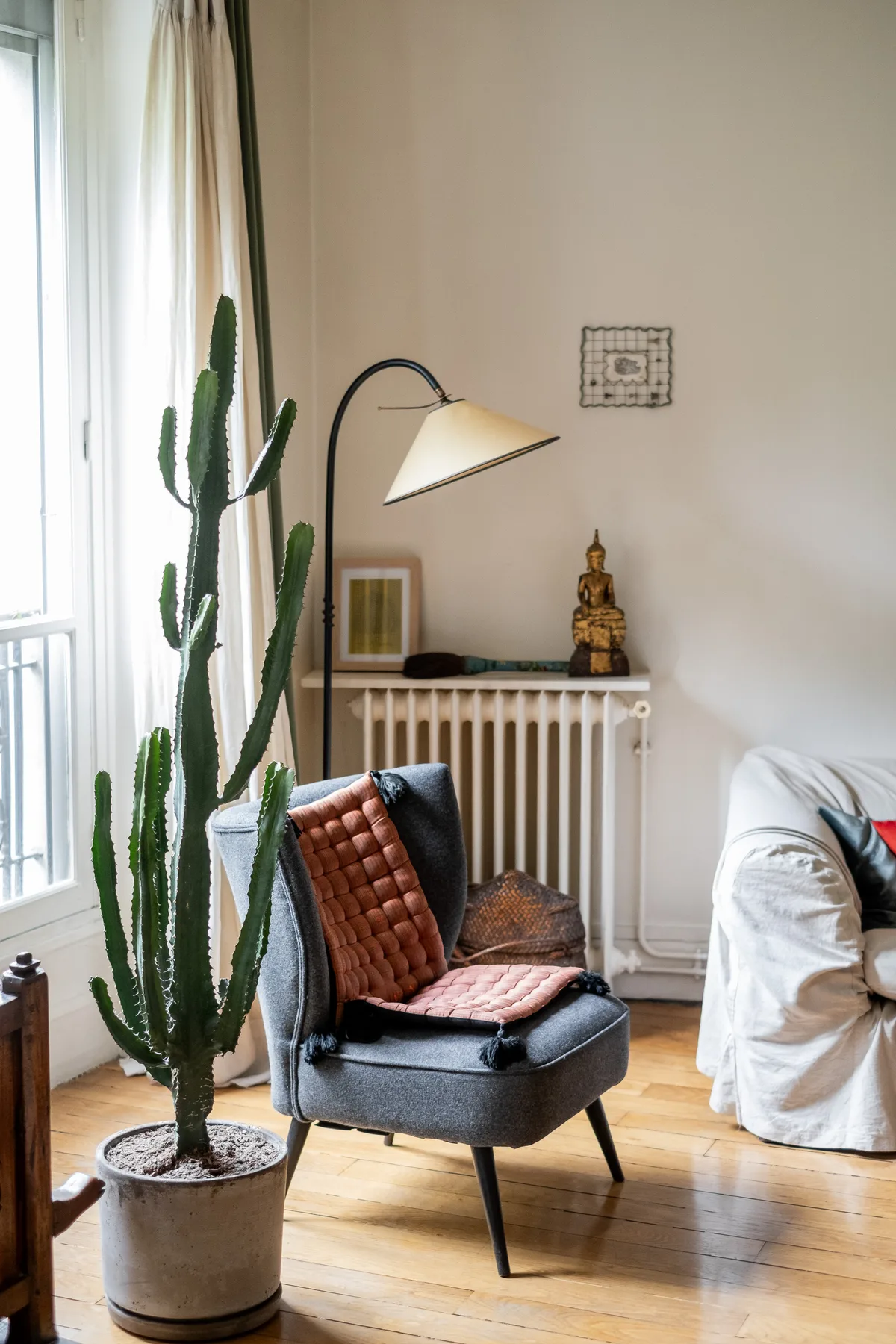 A bright living room with a cushioned chair beside a tall cactus and a window.