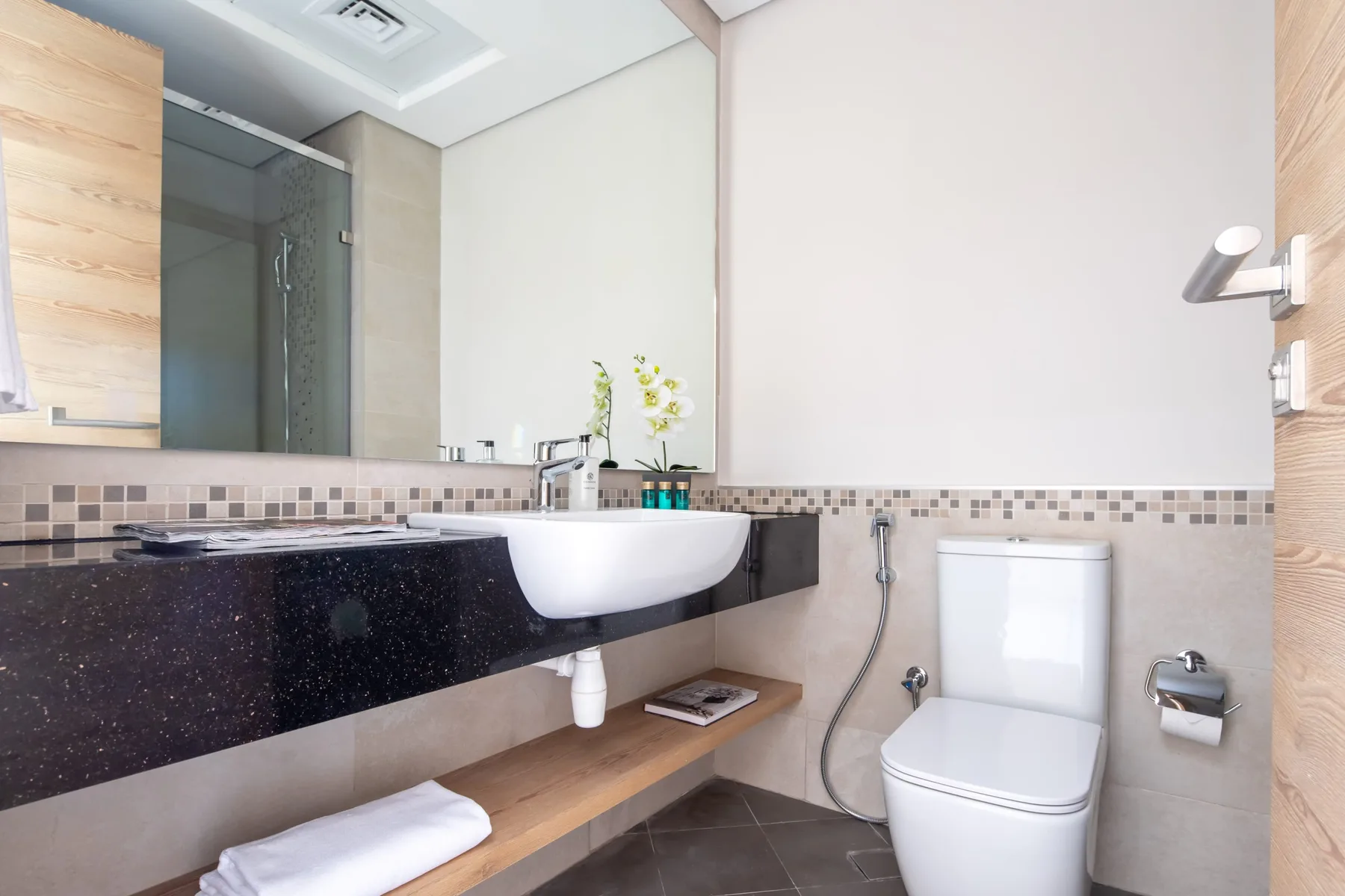 Un baño con lavabo, inodoro y ducha de vidrio.