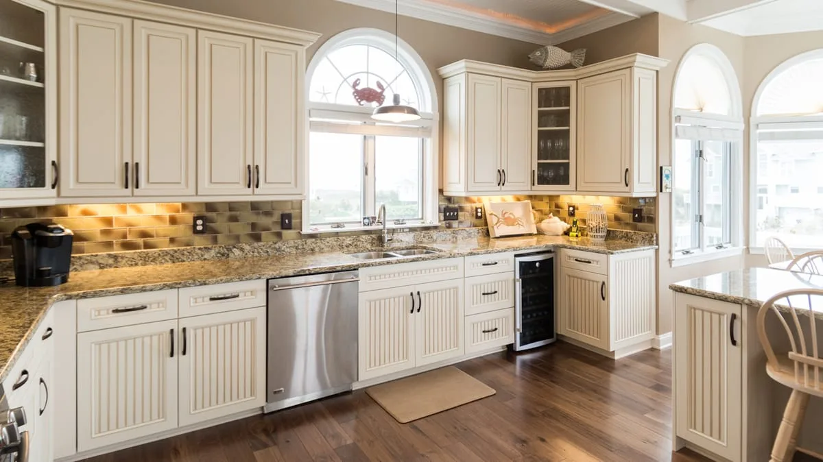 Una cocina luminosa con gabinetes color crema y una encimera larga.