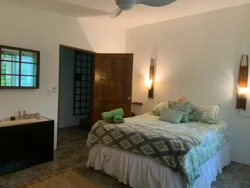 Cozy bedroom at El Litoral Panama with queen bed, green bedding, wooden doors, ceiling fan, and garden views