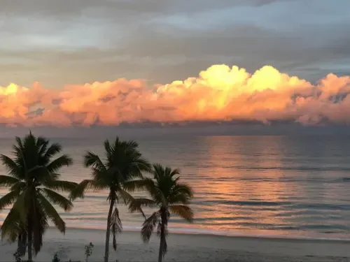 Atardecer sobre el océano con palmeras en la playa de El Litoral Wellness Retreat en Panamá