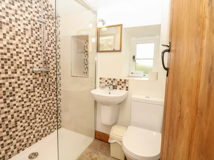 Un baño con ducha alicatada, lavabo de pedestal e inodoro.