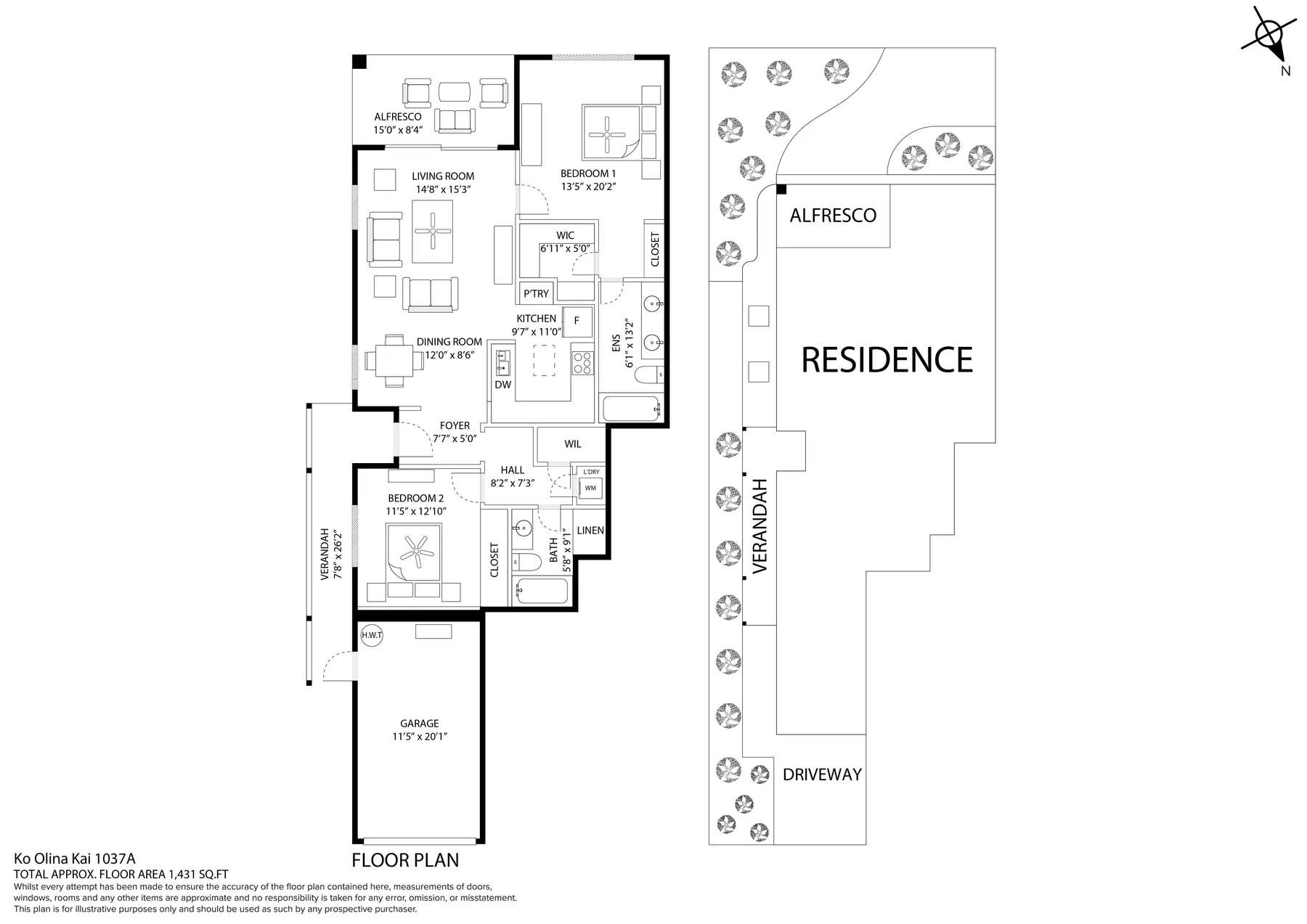Un plano de casa muestra habitaciones etiquetadas junto a un plano del terreno con una residencia y entrada para vehículos.