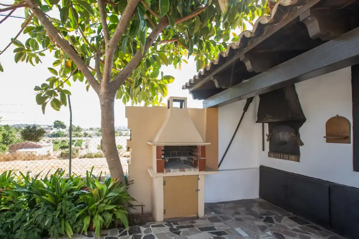 An outdoor patio with a built-in grill beneath a leafy tree.