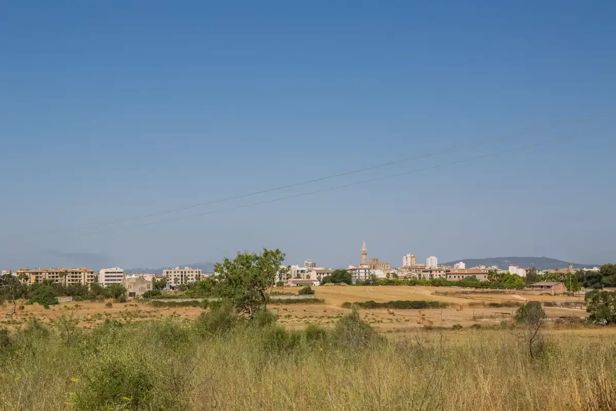 A dry field with low vegetation stretches toward a distant town beneath a clear sky.