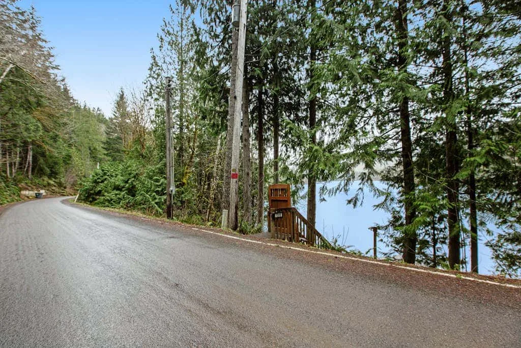A curving road runs through a wooded area beside a body of water.