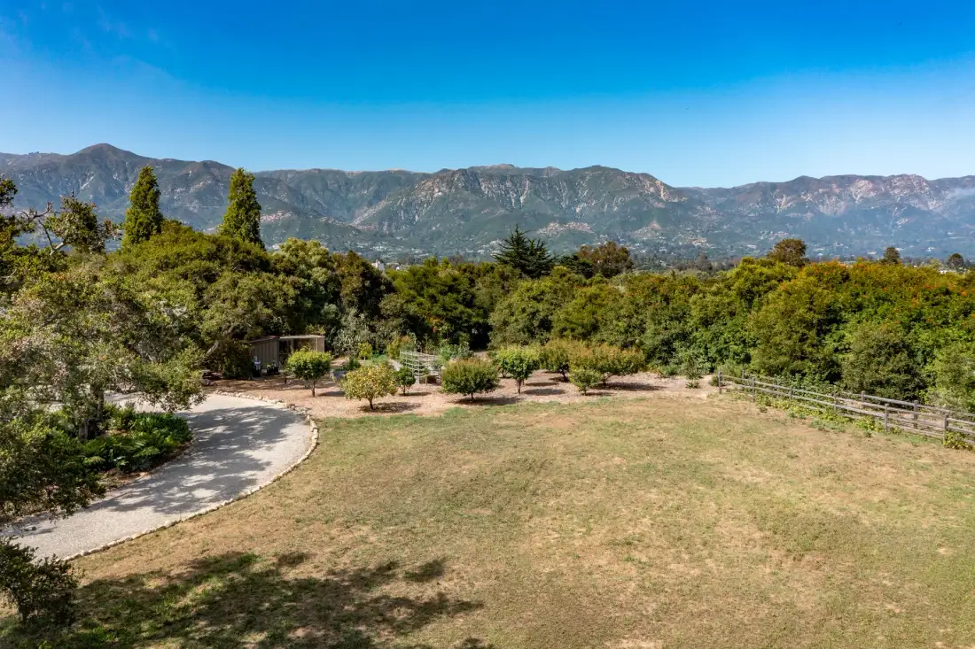 An open garden with a curving path, trees, and mountains in the distance.