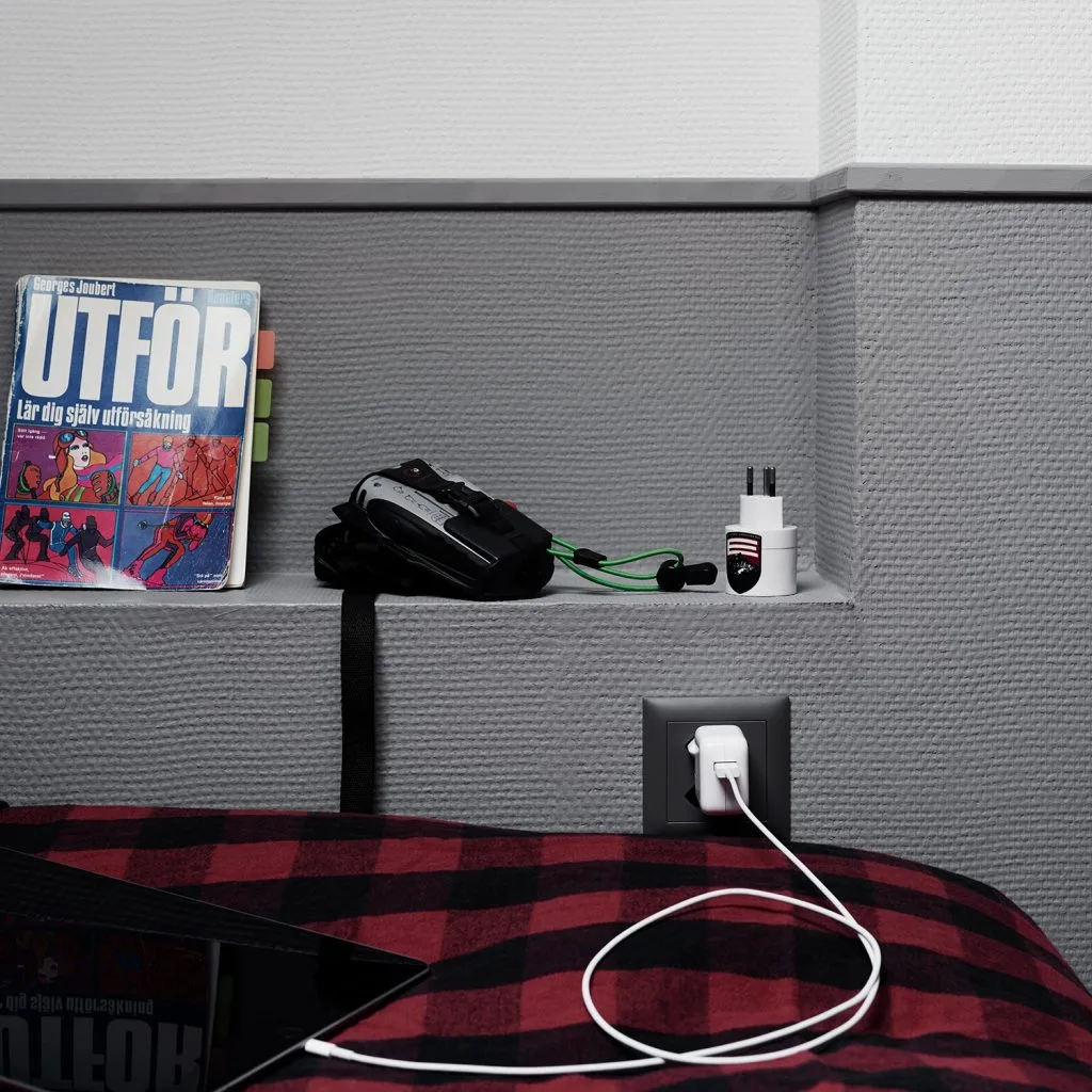 Hotel room with gear hooks