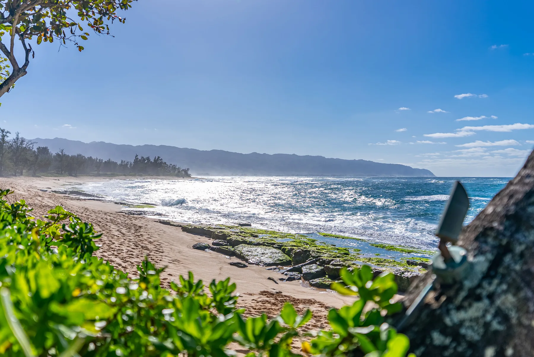 Una playa soleada con olas que bañan una costa rocosa.