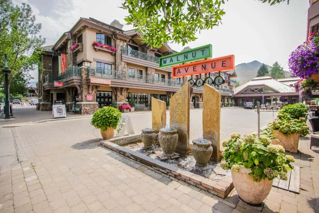 A pedestrian plaza with a stone fountain and storefronts beneath street signs.