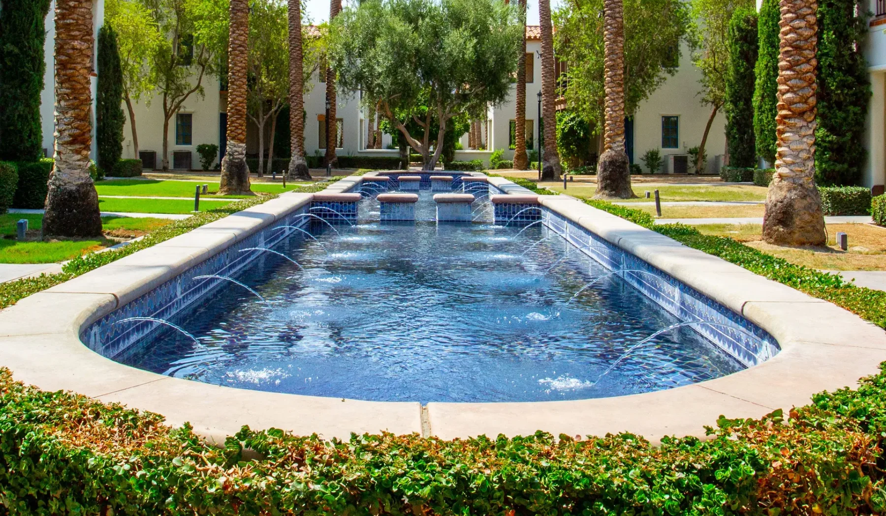 Una larga piscina al aire libre está rodeada de palmeras y vegetación.
