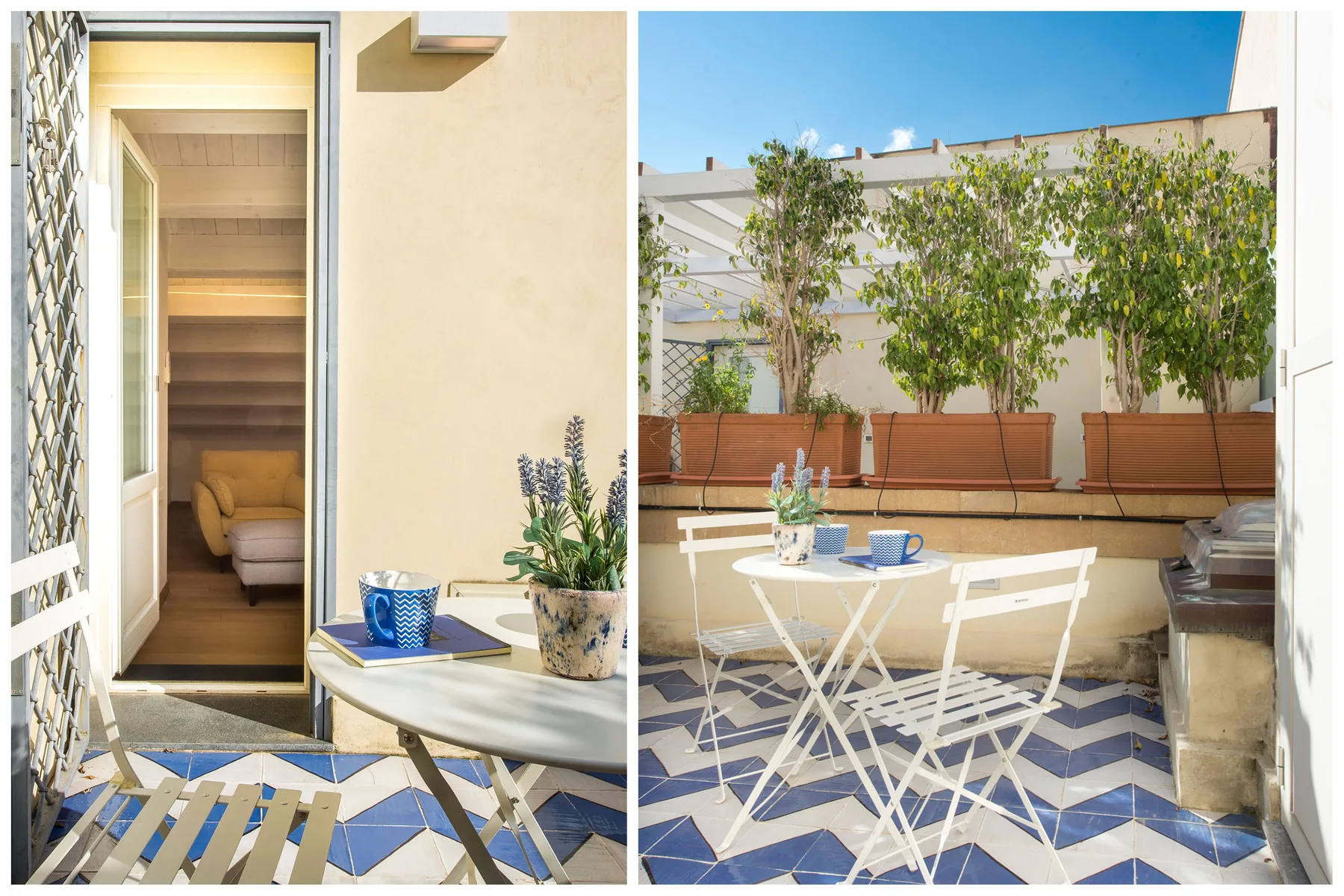 Una terraza al aire libre con suelo de baldosas, asientos blancos, plantas en macetas y vista a un baño.
