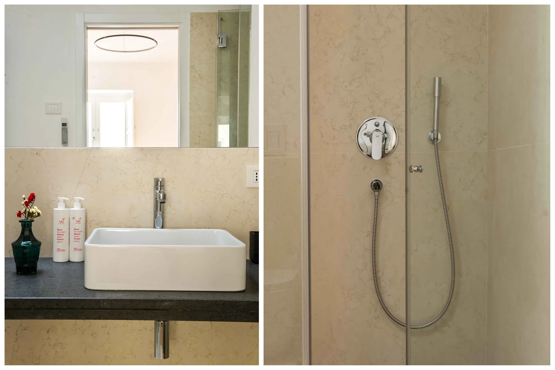 Un lavabo de baño con espejo está junto a una ducha de pared.