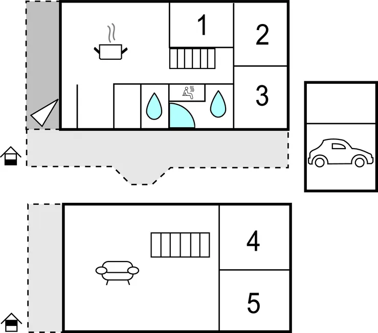 Un plano en blanco y negro muestra habitaciones numeradas, elementos de baño, asientos y un símbolo de automóvil.