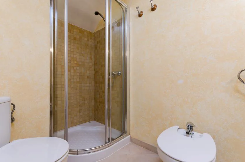 Un baño con una ducha de vidrio y un inodoro junto al lavabo.