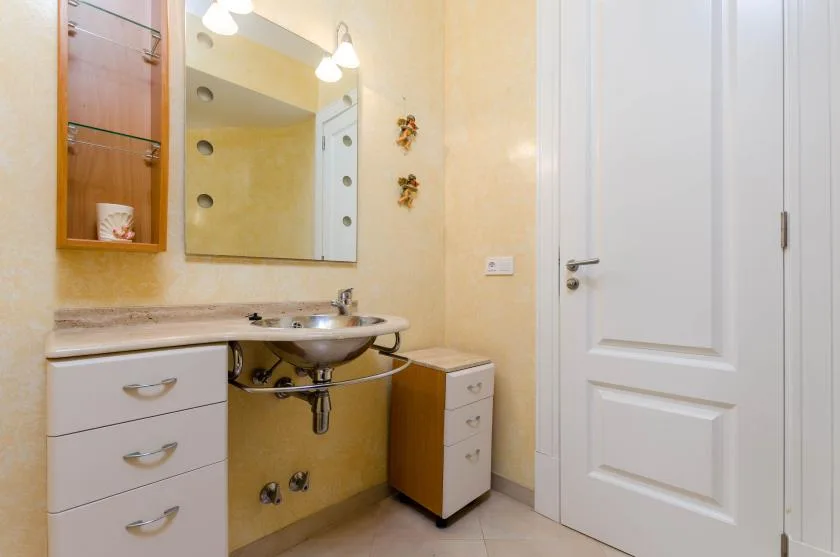Un lavabo de baño con espejo y una puerta blanca cerrada.