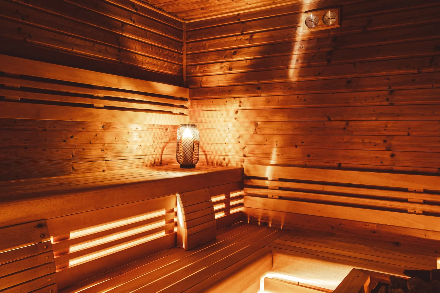 Hotel sauna with wooden benches.