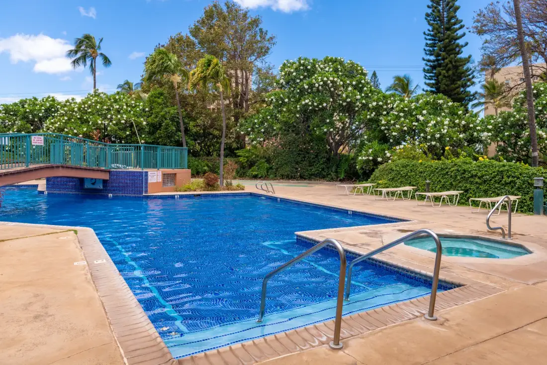 An outdoor swimming pool with a smaller shallow pool and surrounding greenery.