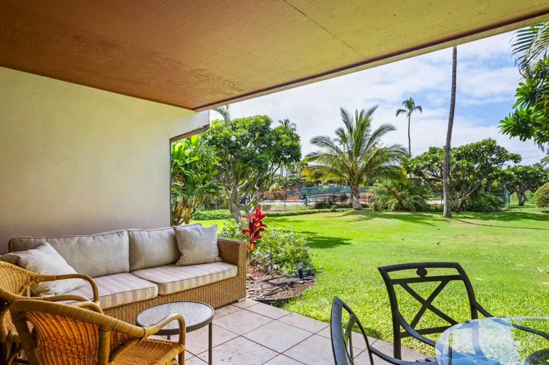 A covered patio with seating overlooks a green lawn and palm trees.
