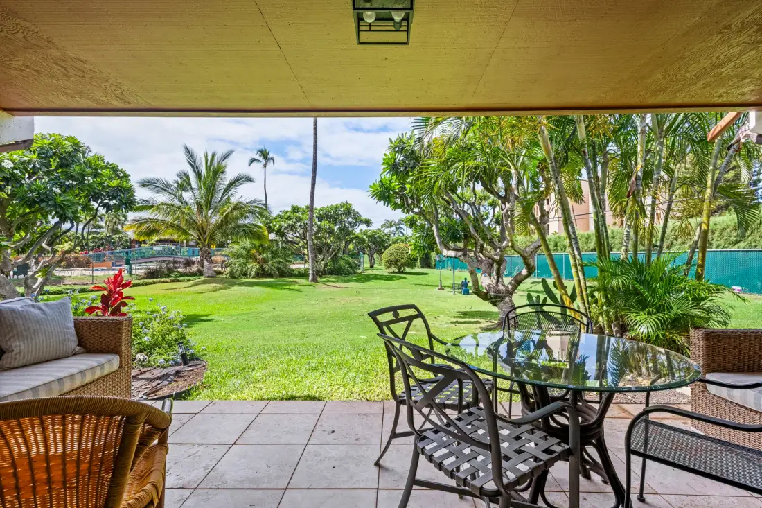 A covered patio with a glass dining table overlooks a green garden.