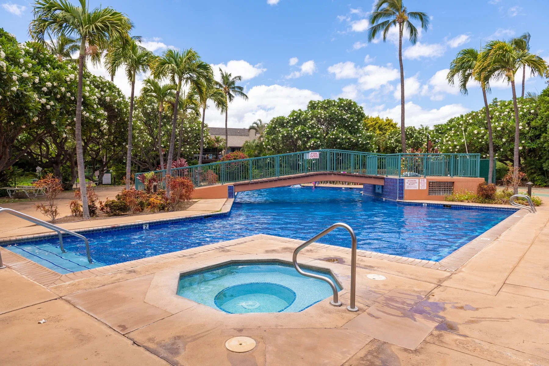 An outdoor swimming pool with a small adjoining spa and a pedestrian bridge.