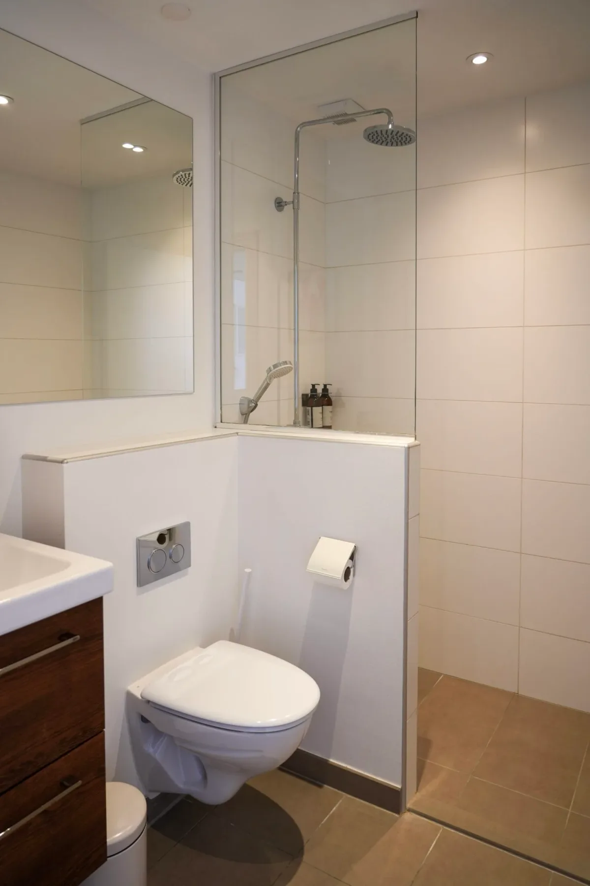 Baño moderno con ducha con mampara e inodoro suspendido