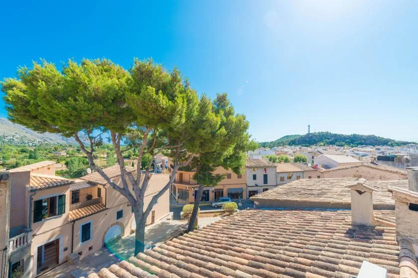 A sunny townscape with tiled rooftops, leafy trees, and low-rise buildings.