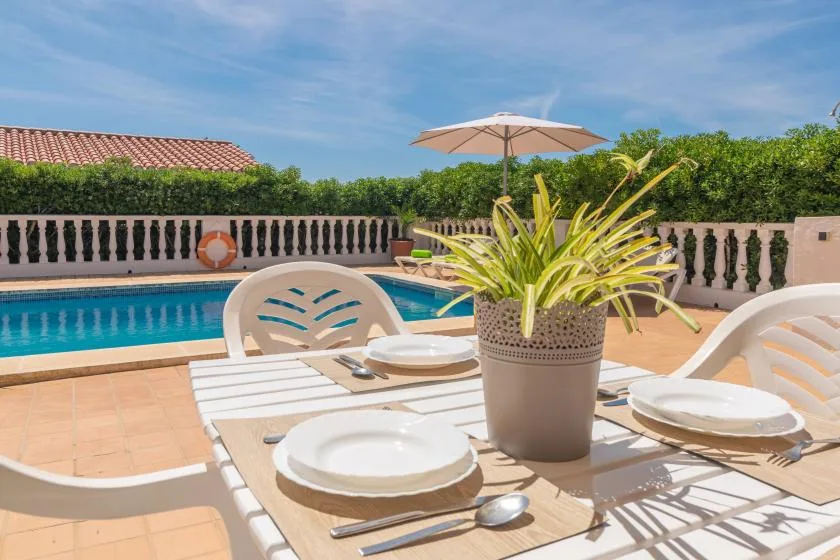 A poolside dining table with place settings and a potted plant overlooks the swimming pool.