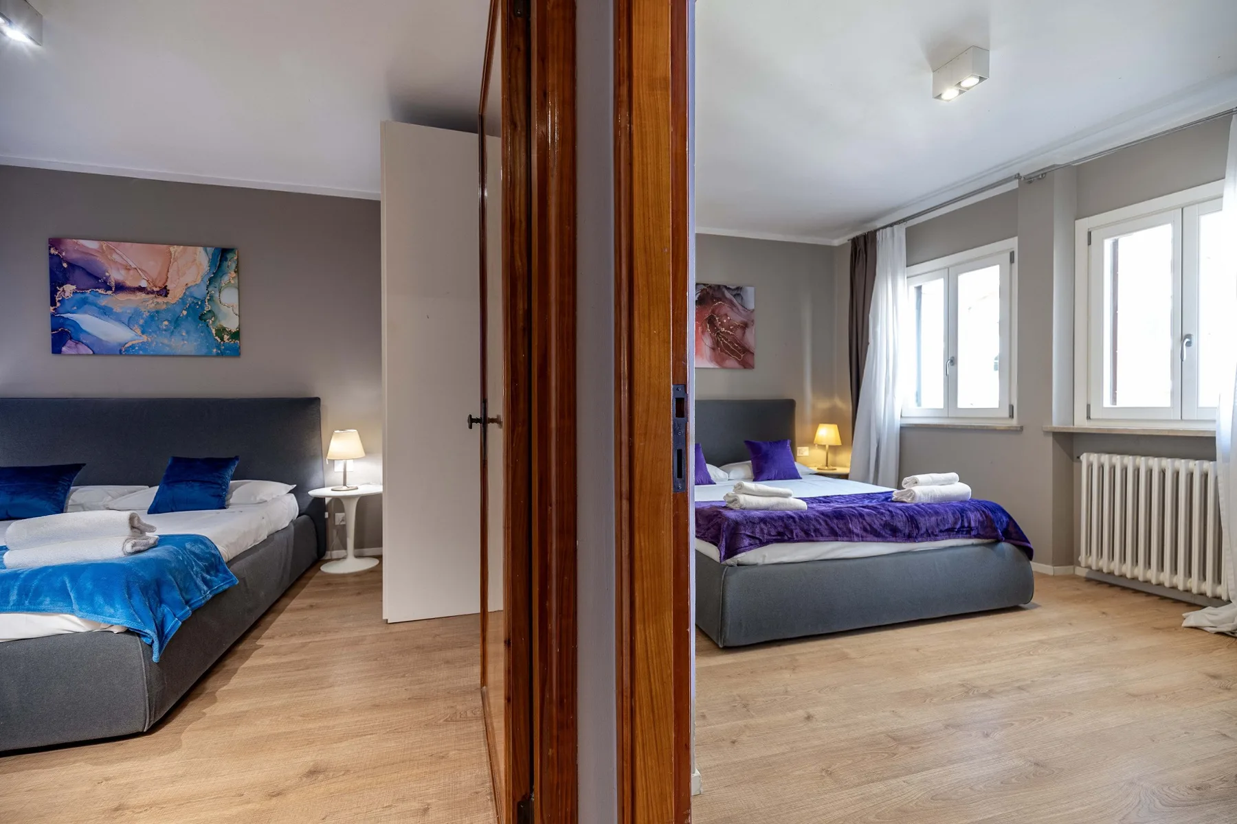 A bedroom with two views of a bed, colorful bedding, and windows.