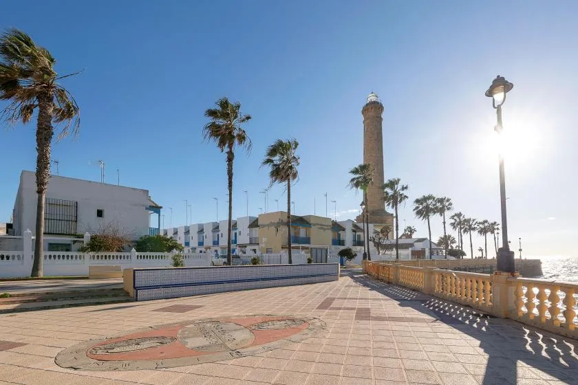 A sunny waterfront promenade with palm trees, paving, and a tall stone tower.